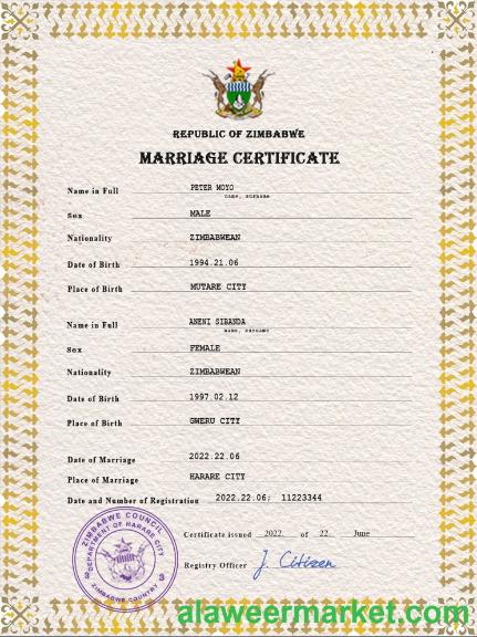 Zimbabwe marriage certificate PSD template